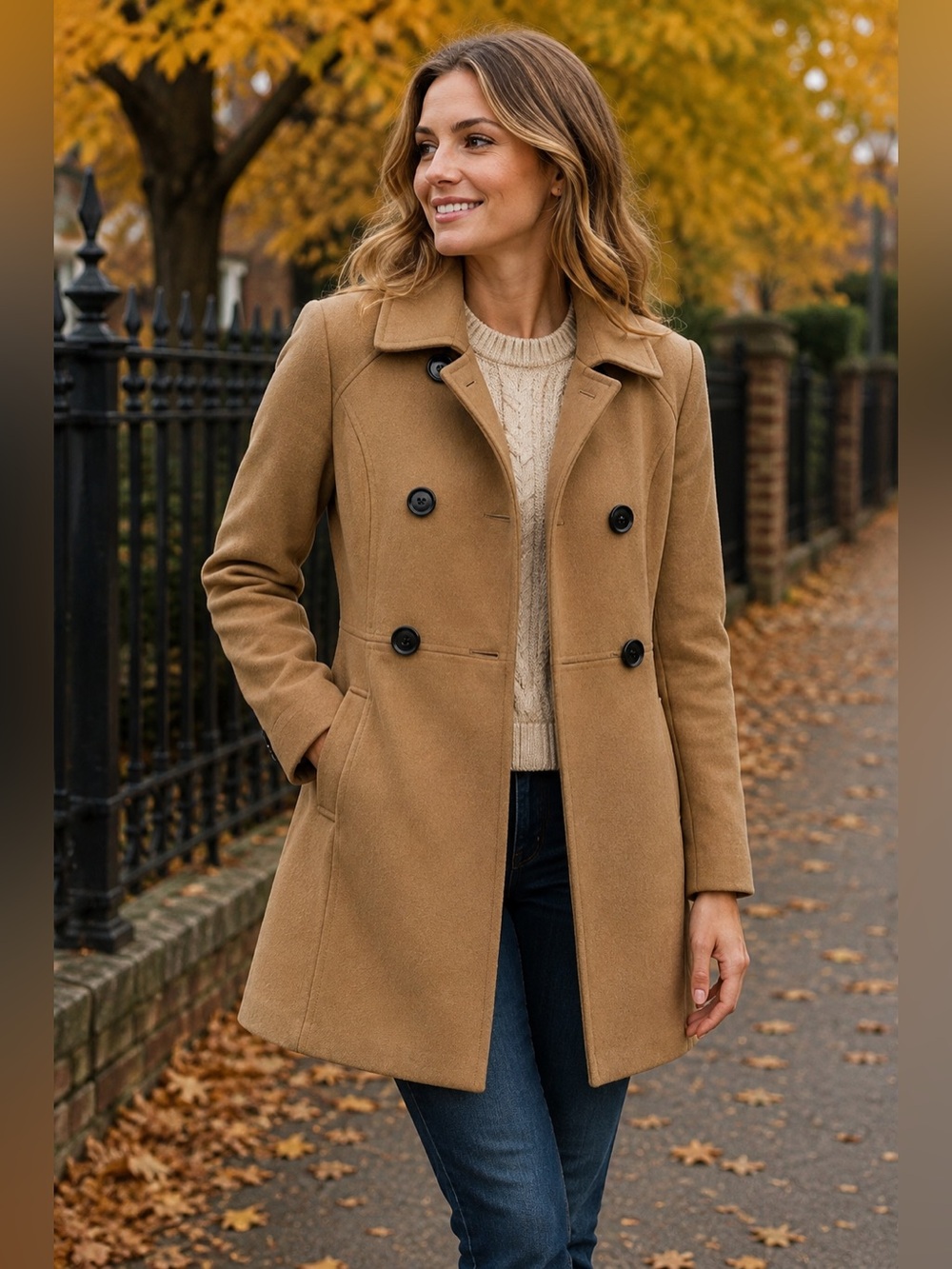 Miss Selfridge Camel Double Breasted Coat Women’s Size 6 Tan Peacoat